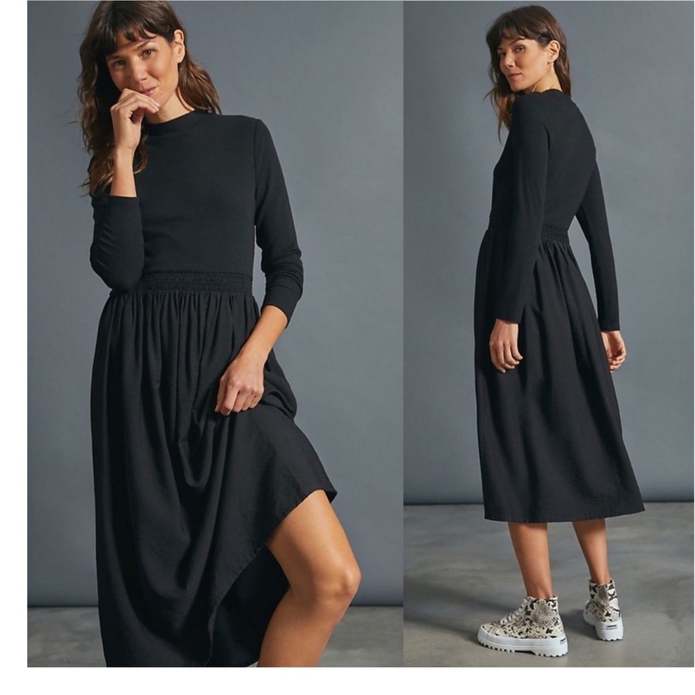 Anthro Saturday Sunday Women Mock Neck Poplin Midi Dress XS Black Ainsley Fall
